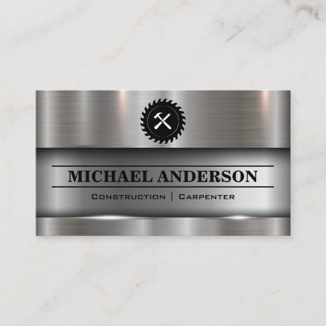 Metallic Brushed Industrial Saw and Hammer Business Card (Front)