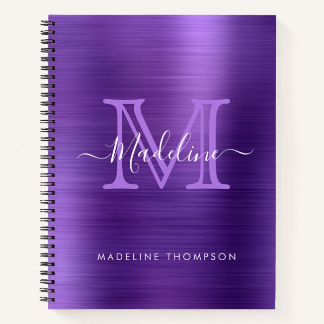 Metallic Brushed Purple Modern Script Monogram Notebook (Front)
