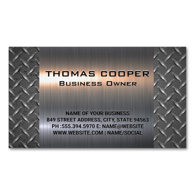 Metallic Brushed Shine | Diamond Plated Pattern Business Card Magnet (Front)