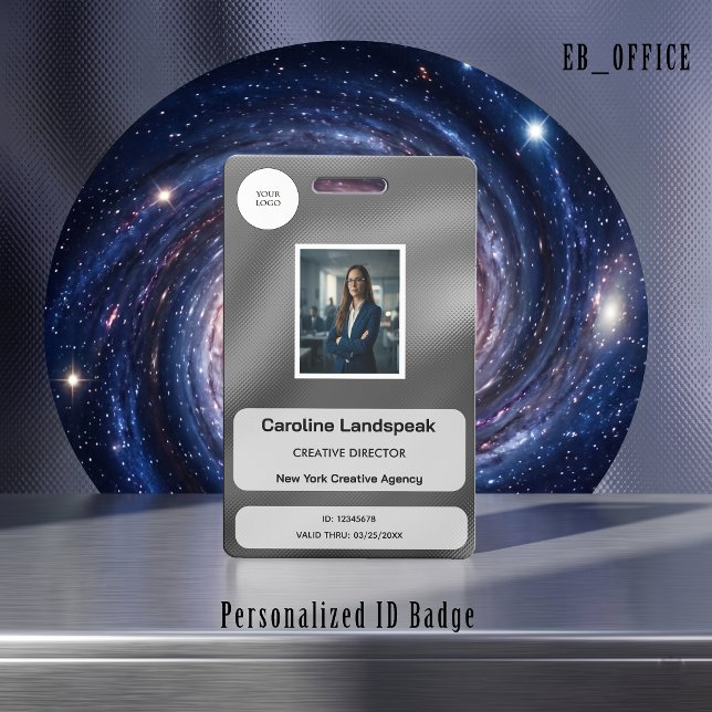 Metallic Brushed Silver Dot Custom Logo Photo ID  Badge (Metallic Silver Custom Logo Photo ID Vertical Badge Template. Size: 2.13 x 3.38 Inches)