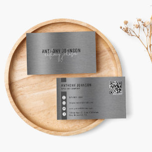 Metallic Brushed Steel Minimalist Simple QR Code Business Card