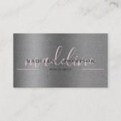 Metallic Brushed Steel Pale Pink Script Qr Code Business Card (Front)