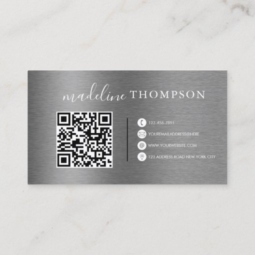 Metallic Brushed Steel Silver Script Qr Code Business Card | Zazzle