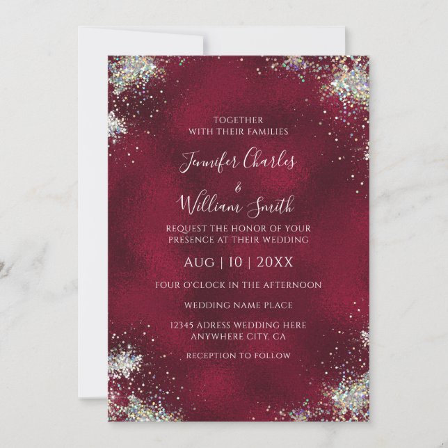 Metallic Burgundy Holographic Glitter Modern Invitation (Front)