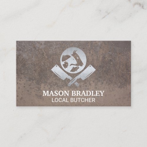 Metallic Butcher Logo  Grunge Background Business Card