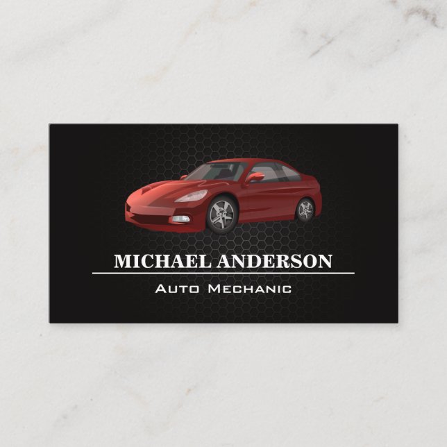 Metallic Carbon Pattern | Red Car Logo Business Card (Front)