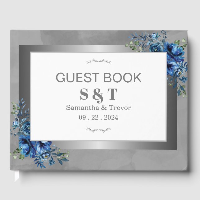 Metallic Celestial Blue Blossoms Wedding  Guest Book (Front)
