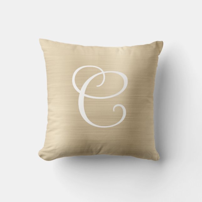 Metallic Champagne Cream Curly Monogram Throw Pillow (Front)