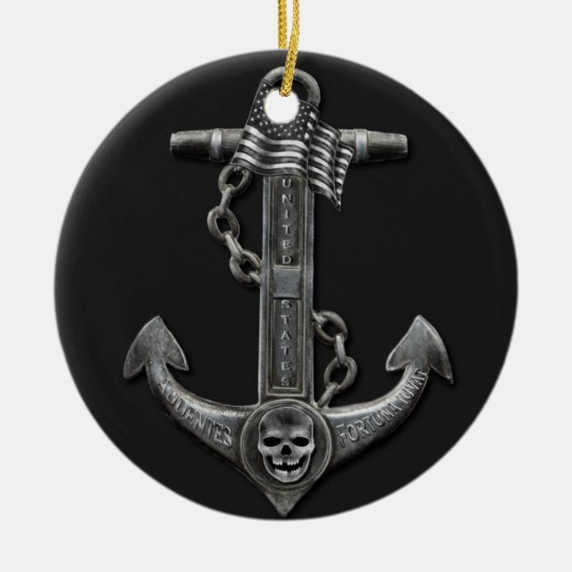Metallic chrome anchor pirate nautical themed  ceramic ornament (Front)