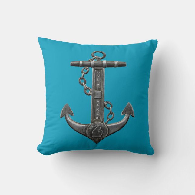 Metallic chrome anchor pirate nautical themed  throw pillow (Front)