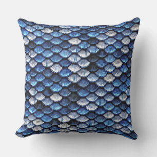 Metallic Cobalt Blue Fish Scales Pattern Outdoor Pillow