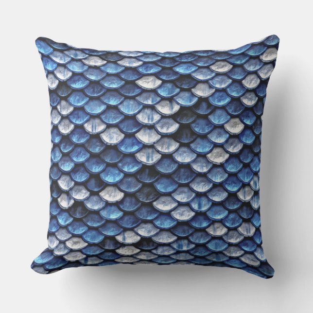 Metallic Cobalt Blue Fish Scales Pattern Outdoor Pillow (Front)