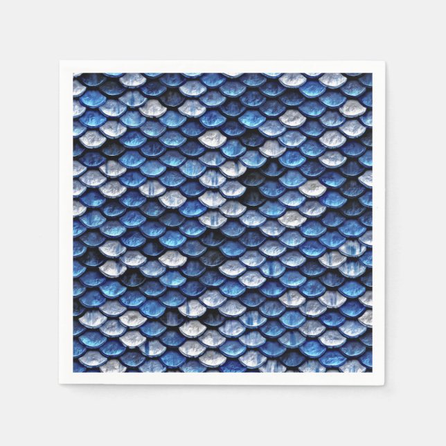 Metallic Cobalt Blue Fish Scales Pattern Paper Napkins (Front)