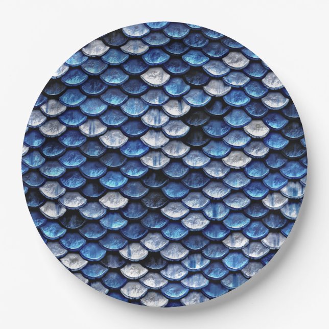 Metallic Cobalt Blue Fish Scales Pattern Paper Plates (Front)