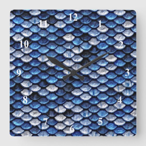 Metallic Cobalt Blue Fish Scales Pattern Square Wall Clock