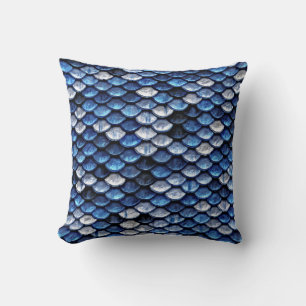 Metallic Cobalt Blue Fish Scales Pattern Throw Pillow