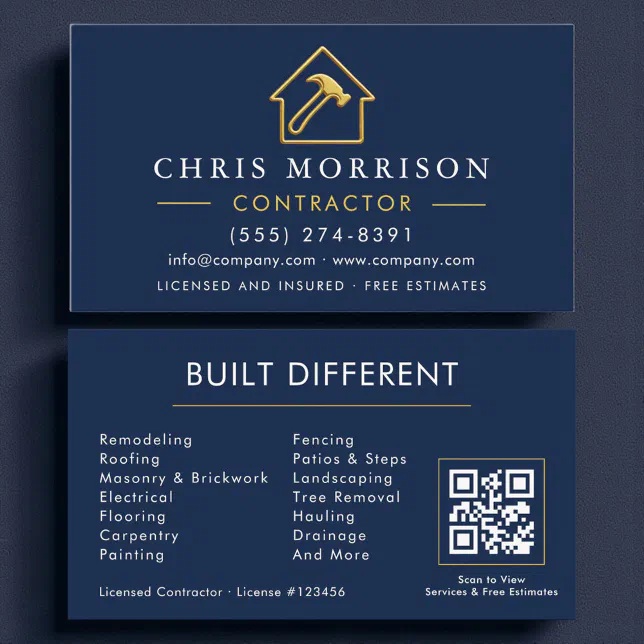 Metallic Construction Navy Blue Gold QR Code Business Card | Zazzle