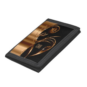 Metallic Copper Abstract and Black Monogram Tri-fold Wallet