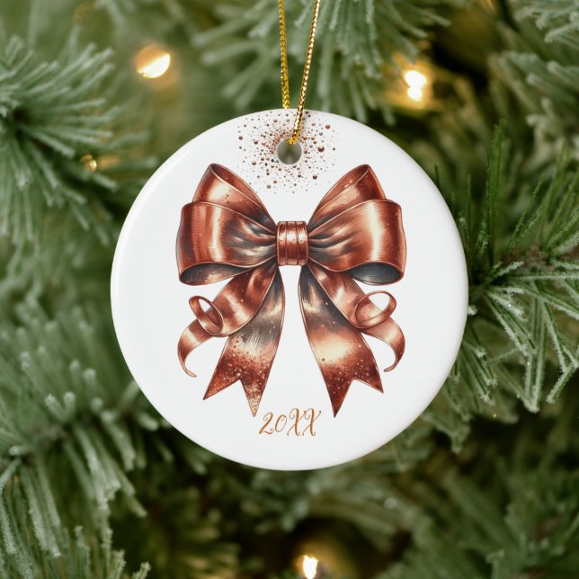 Metallic Copper Holiday Bow Year Highlight Ceramic Ornament (Tree)