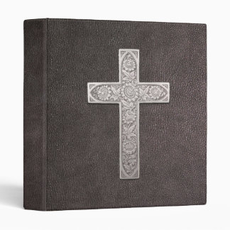 Metallic Crucifix on a Faux Dark Leather 3 Ring Binder