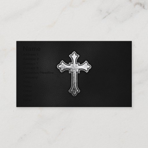 Customizable Metallic Crucifix on Black Leather Business Card Template