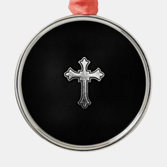Metallic Crucifix on Black Leather Metal Ornament