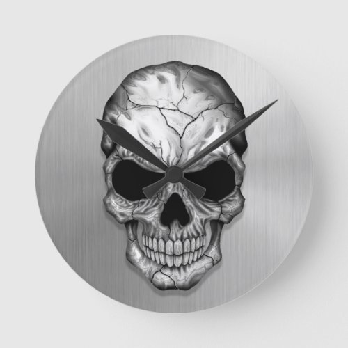 Metallic Crystal Skull on Stainless Steel Effect Round Clock
