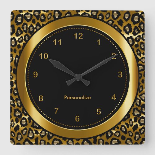 Metallic Dark Gold and Black Leopard Print Square Wall Clock
