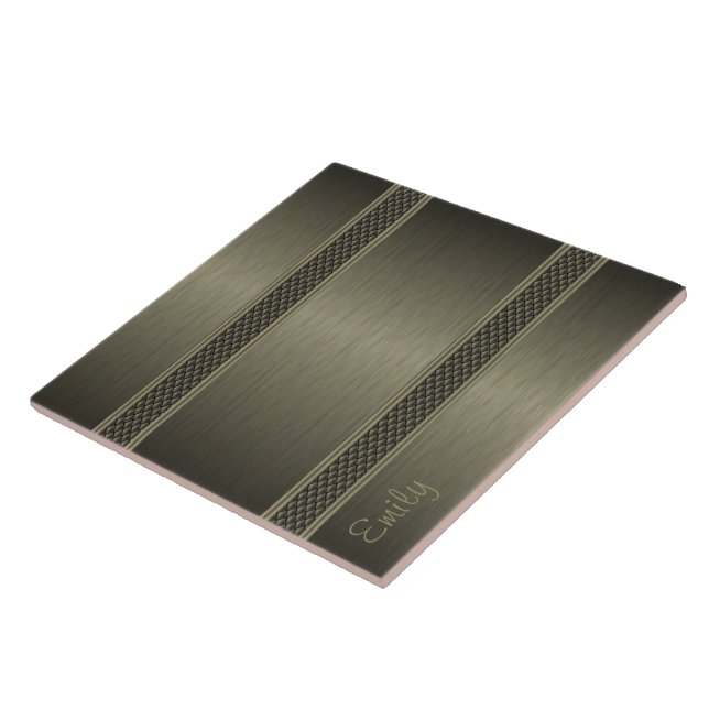 Metallic Dark Green Brushed Aluminum Look Ceramic Tile (Side)