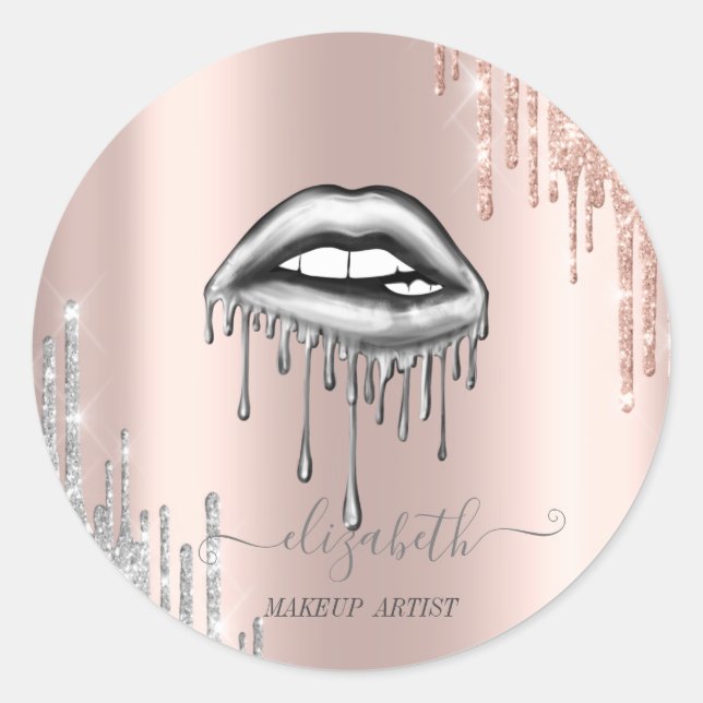 Metallic Dripping Lips,Rose Gold Silver Drips  Classic Round Sticker (Front)