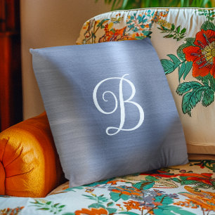 Metallic Dusty Blue Curly Monogram Throw Pillow
