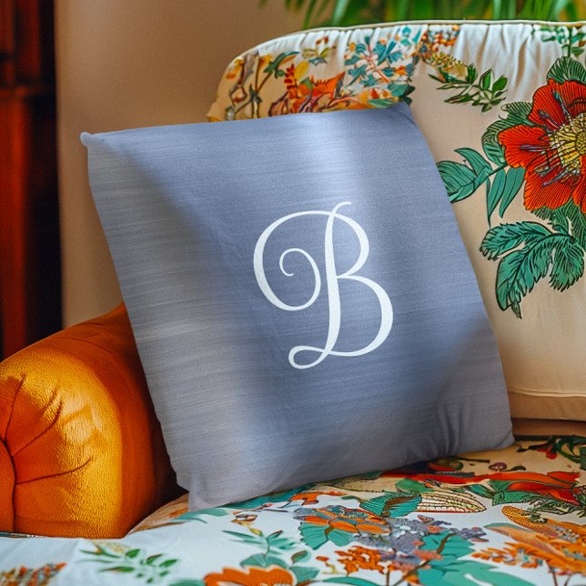 Metallic Dusty Blue Curly Monogram Throw Pillow (Metallic Dusty Blue Curly Monogram Throw Pillow)