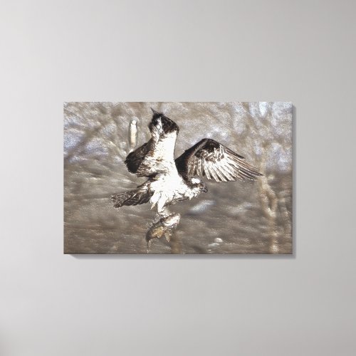 Metallic_effect Flying Osprey with River Fish Canvas Print