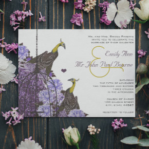 Metallic Eggplant Mustard Vintage Peacock BirdCage Invitation