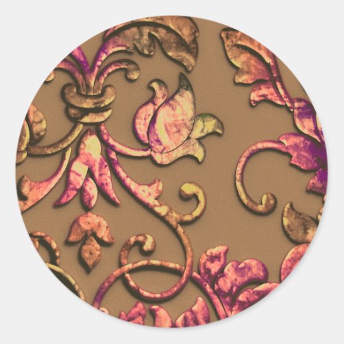 Metallic Embossed Look Damask Autumn Colors Classic Round Sticker