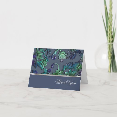 Metallic Embossed Look Damask Blue and Green Thank You Card