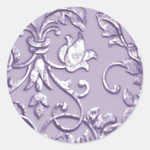 Metallic Embossed Look Damask in Lavender Classic Round Sticker