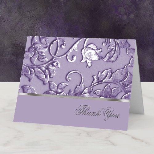 Metallic Embossed Look Damask in Lavender Thank You Card