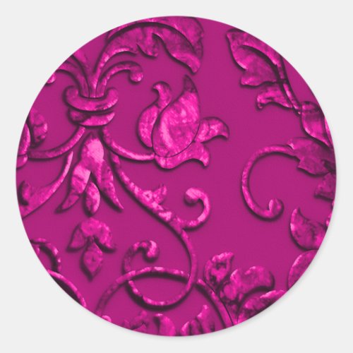 Metallic Embossed Look Damask in Magenta Classic Round Sticker