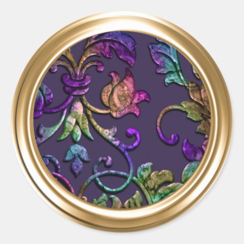 Metallic Embossed Look Damask in Plum Multi Classic Round Sticker