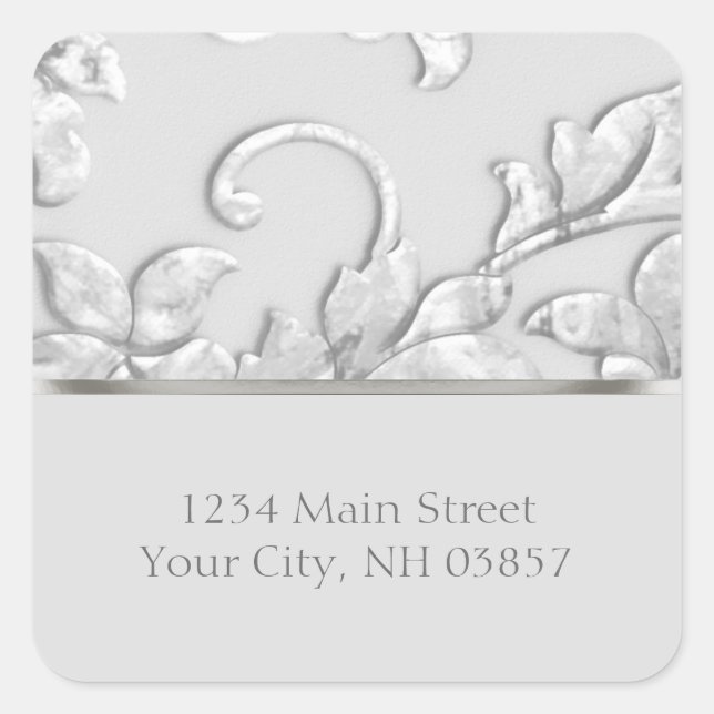 Metallic Embossed Look Damask in Silver Gray Square Sticker (Front)
