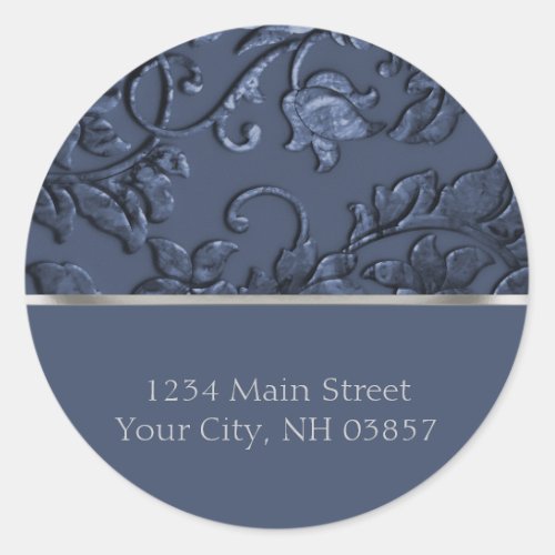 Metallic Embossed Look Damask in Slate Blue Classic Round Sticker