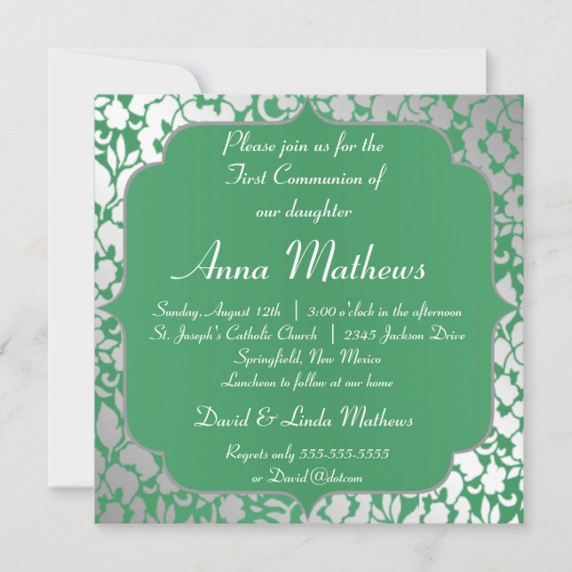 Metallic Emerald Green First Communion Invitation (Front)