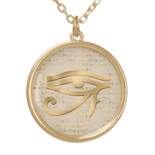 Metallic Eye of Horus and Egyptian Hieroglyphs Gold Plated Necklace