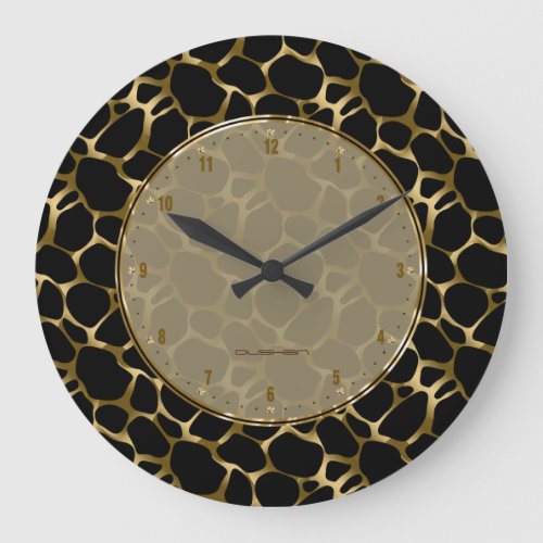 Metallic Faux Gold  Black Leopard Print Large Clock