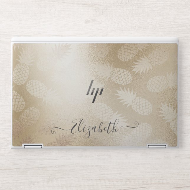metallic faux gold foil pineapples monogram HP laptop skin (Front)