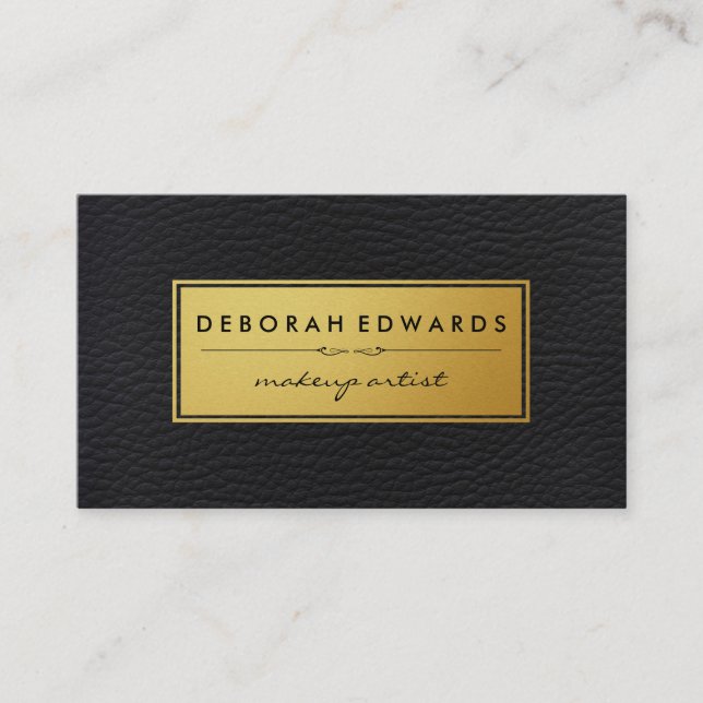 Metallic Faux Gold Label and Leather Business Card (Front)