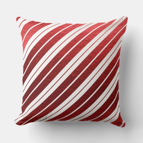 Metallic Festive Red White Diagonal Candy Striped Throw Pillow