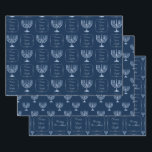 Metallic Filigree Hanukkah Menorah Wrapping Paper Sheets<br><div class="desc">Here we have a lovely wrapping paper sheet set perfect for the holiday season. The first sheet features a metallic filigree menorah and the words Peace, Love, Light inside of a decorative frame on a dark blue background. The second sheet features a metallic filigree menorah on a dark blue background...</div>