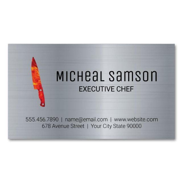Metallic | Fire Knife | Executive Chef Business Card Magnet (Front)